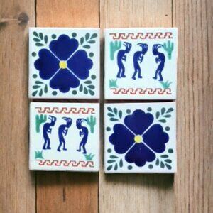 Mexican Tile Coasters in Blue and White of Kokopelli and Floral Design NWOT